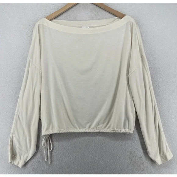 ATHLETA Top M Oversized Cropped Boat Neck Long Sleeve Cinched Off White - Picture 1 of 12